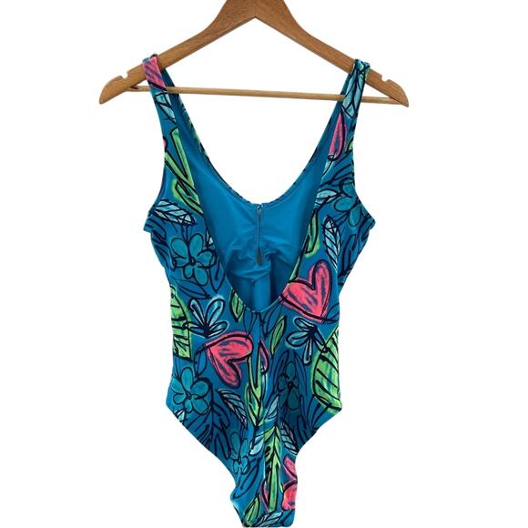 Aerie One Piece Full Coverage Tropical Heart Print Turquoise Blue Swimsuit Med - Picture 8 of 10